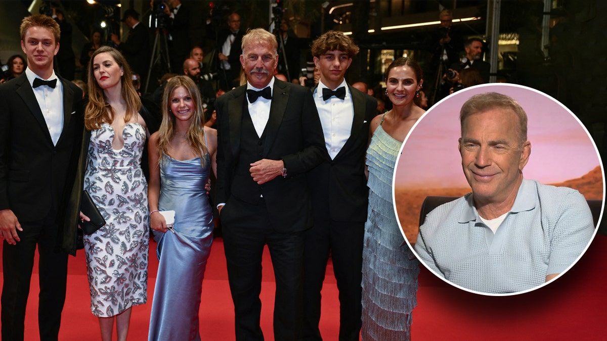 Kevin Costner caminha no tapete vermelho em Cannes com seus filhos.