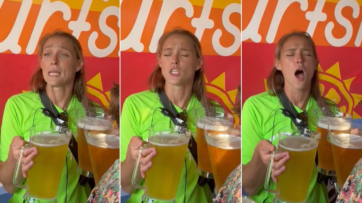 Três fotos de Kylie Kelce com uma camisa verde-limão cantando apaixonadamente enquanto segura três jarras de cerveja