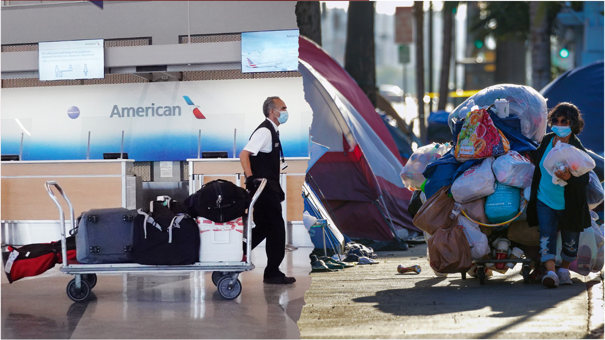 American Airlines passenger luggage at homeless encampment