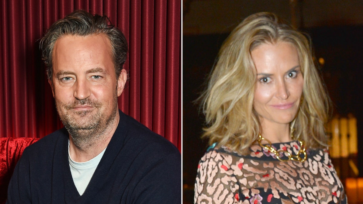 Matthew Perry in a blue sweater next to Brooke Mueller in a gorgeous dress.