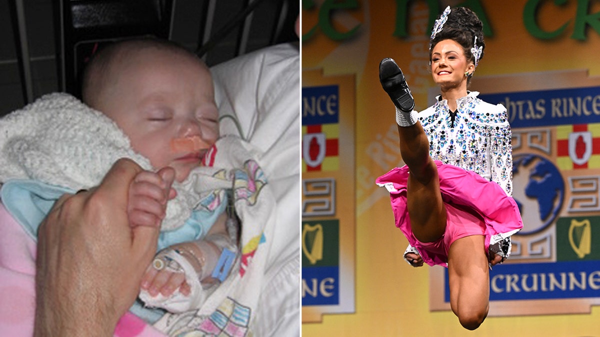 baby with nasal cannula split with woman in irish dance dress doing a jump