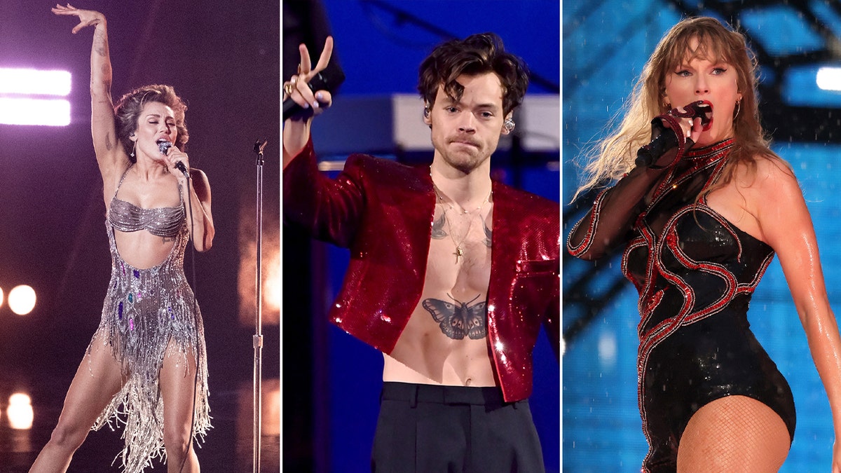 split of Miley Cyrus, Harry Styles and Taylor Swift performing