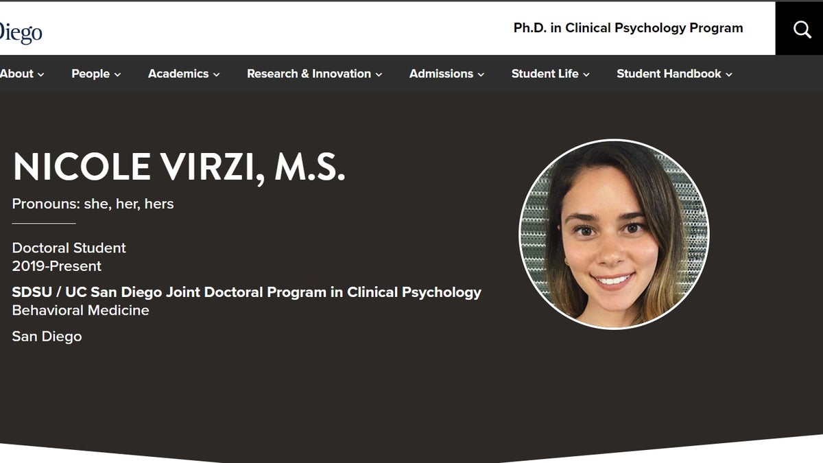 Screengrab of Nicole Virzi's bio as a PhD student at San Diego State University/UC San Diego Joint Doctoral Program in Clinical Psychology's website. 