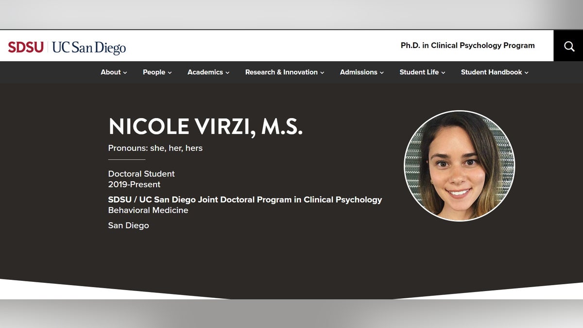 Screengrab of Nicole Virzi's bio as a PhD student at San Diego State University/UC San Diego Joint Doctoral Program in Clinical Psychology's website.
