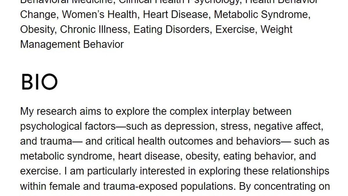 Screengrab of Nicole Virzi's bio as a PhD student at San Diego State University/UC San Diego Joint Doctoral Program in Clinical Psychology's website.
