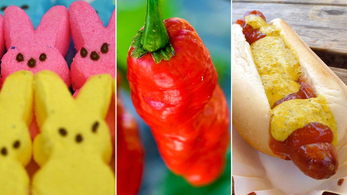 Una foto dividida en tres partes de Peeps, un pimiento y un hot dog.