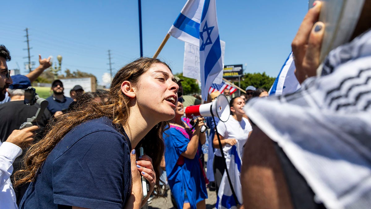 Pro-Israel and pro-Palestinian protesters argue during a Sunday demonstration in Los Angeles.