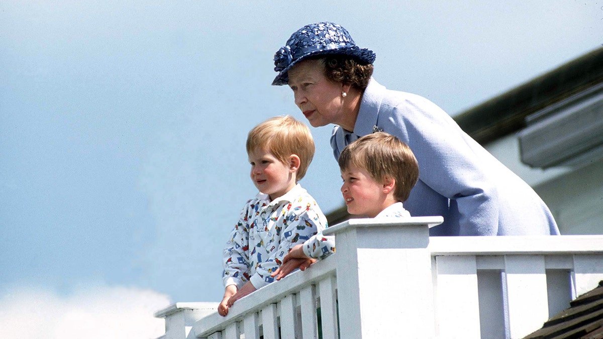 Queen Elizabeth seated in the Royal Box at Guards Polo Club with her grandsons Prince William and Prince Harry