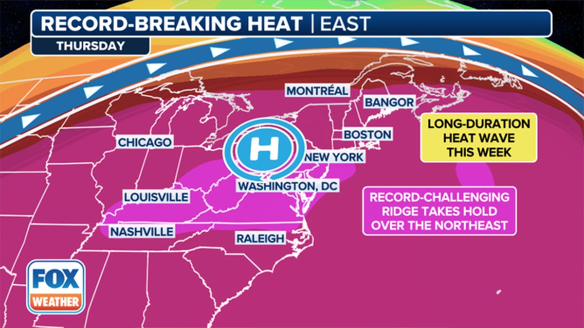 Weather map shows heat wave stretching across East Coast