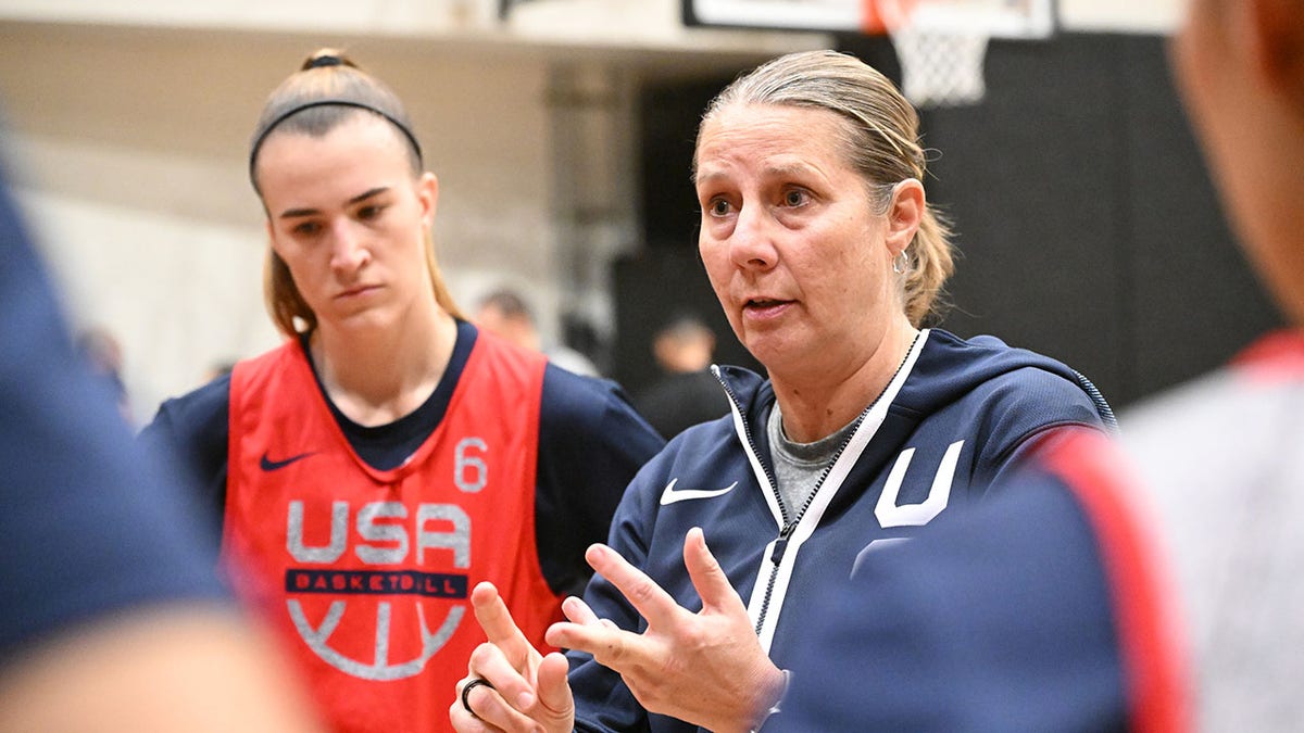 Cheryl Reeve speaks during a USAB practice