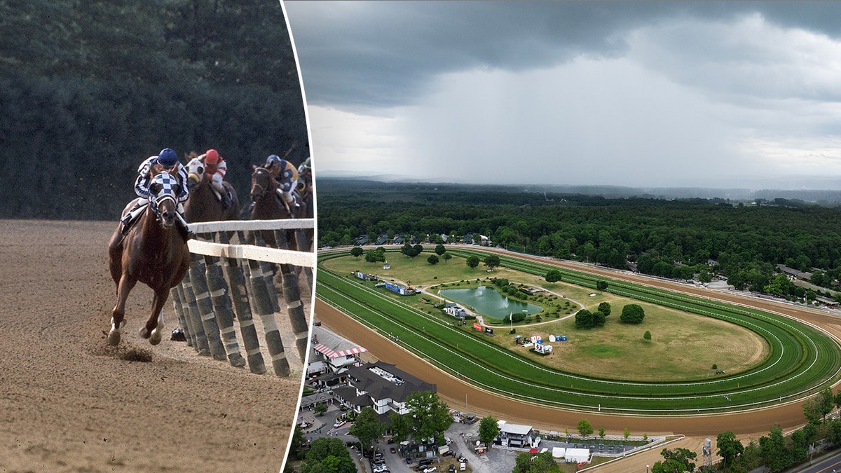 Secretariat running the Belmont Stakes, next to a photo of the Belmont Stakes course