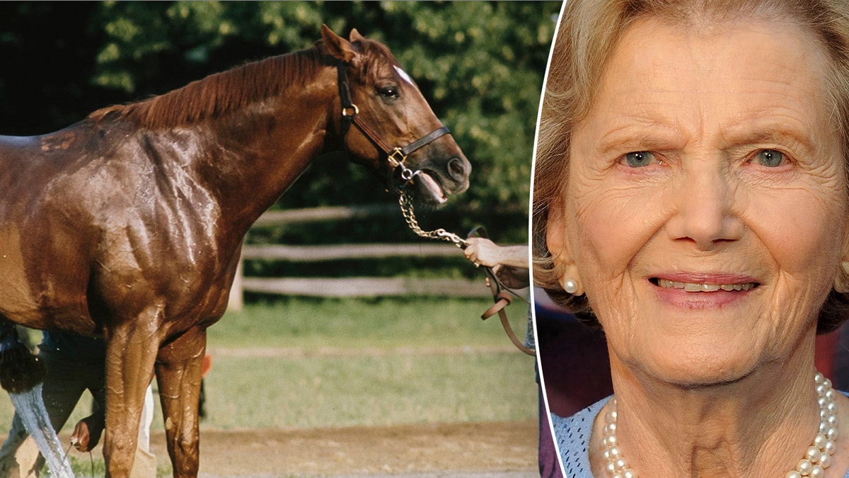 Two separate photos of Secretariat and Penny Chenery