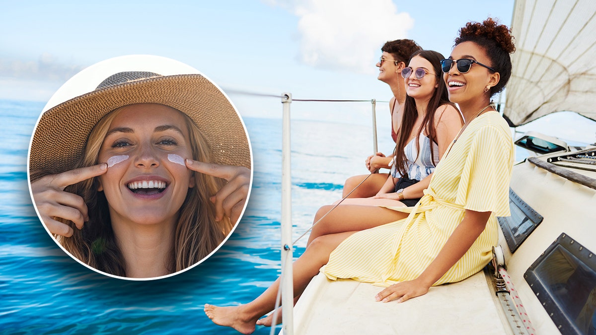 Una foto de una mujer poniéndose crema solar con una foto de tres amigos en un barco de fondo