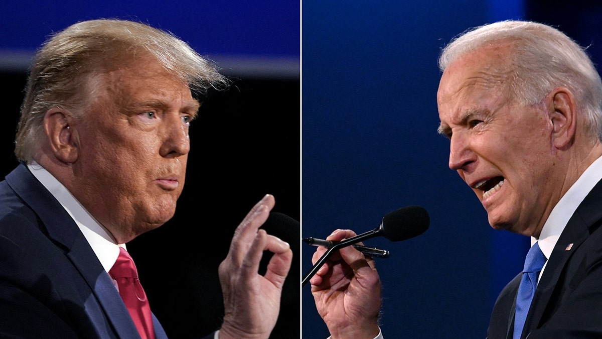 Donald Trump e Joe Biden durante o debate presidencial final de 2020 na Universidade Belmont em Nashville, Tennessee, em 22 de outubro de 2020.
