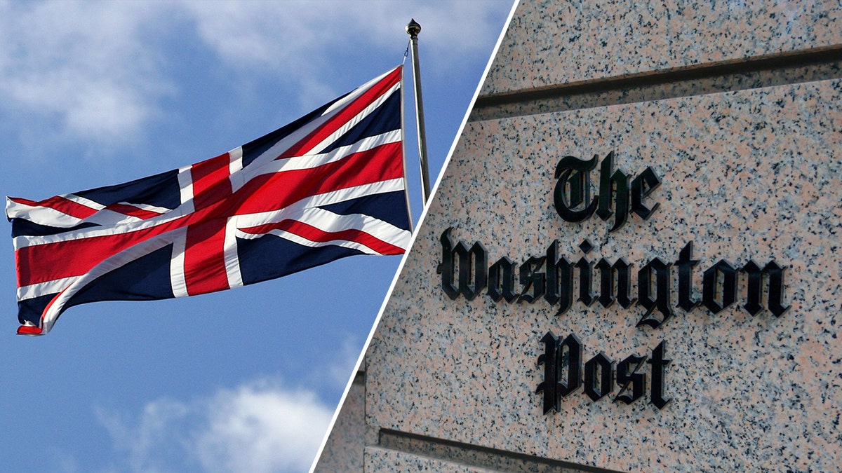 British flag juxtaposed with Washington Post sign