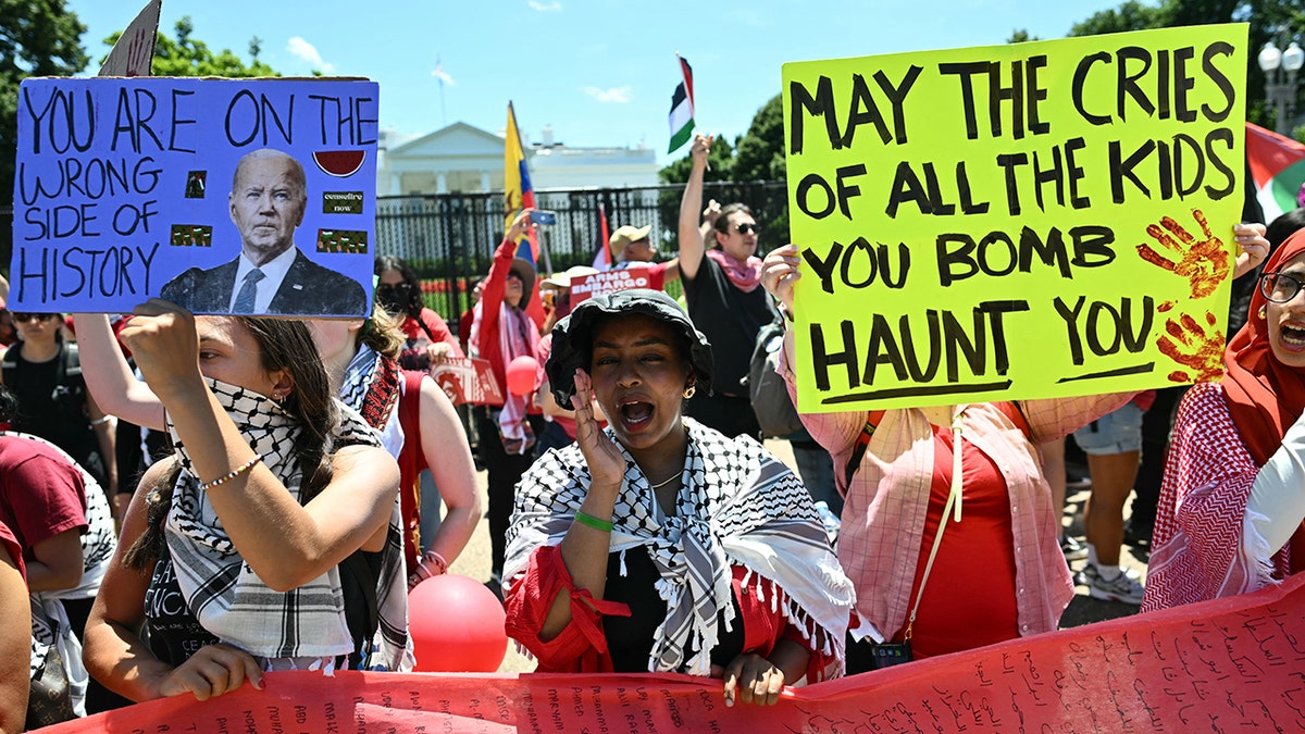 Anti-Israel demonstrators shout slogans and hold placards as they rally near the White House on Saturday.