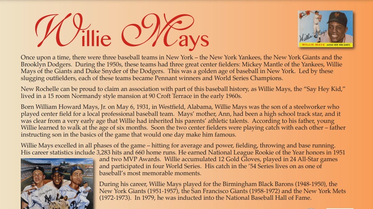 The Walk of Honor plaque for Willie Mays in New Rochelle, New York's walk of fame.
