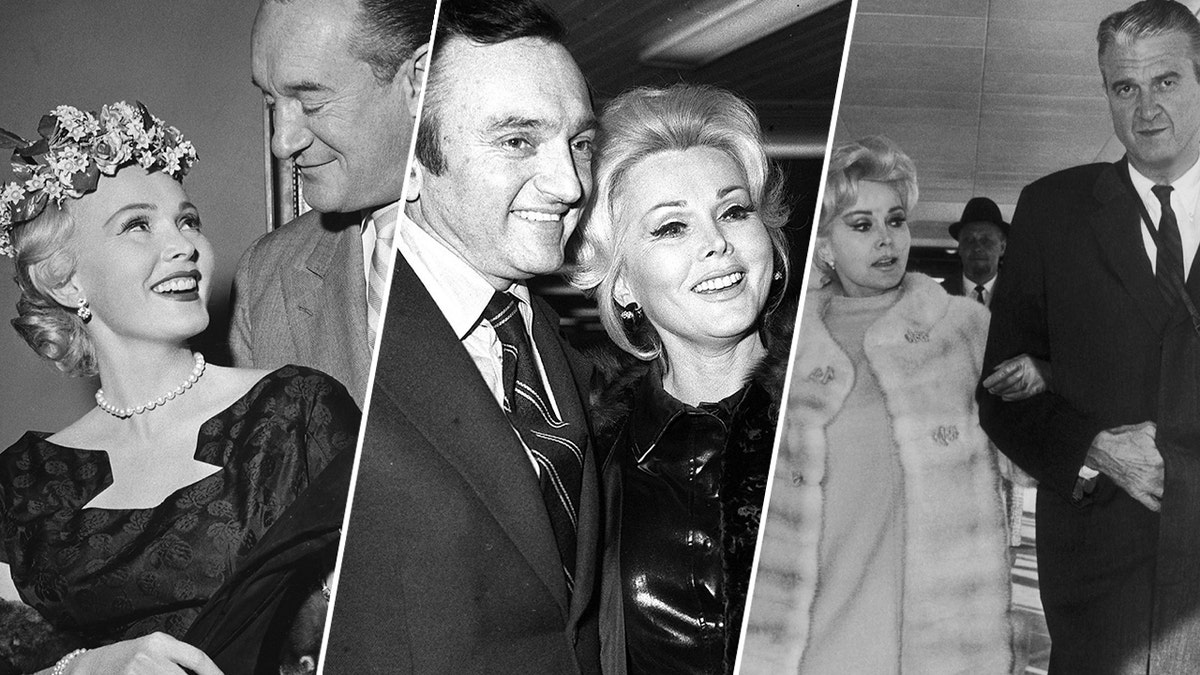 Side-by-side photos of Zsa Zsa Gabor with George Sanders, Jack Ryan and Joshua Cosden