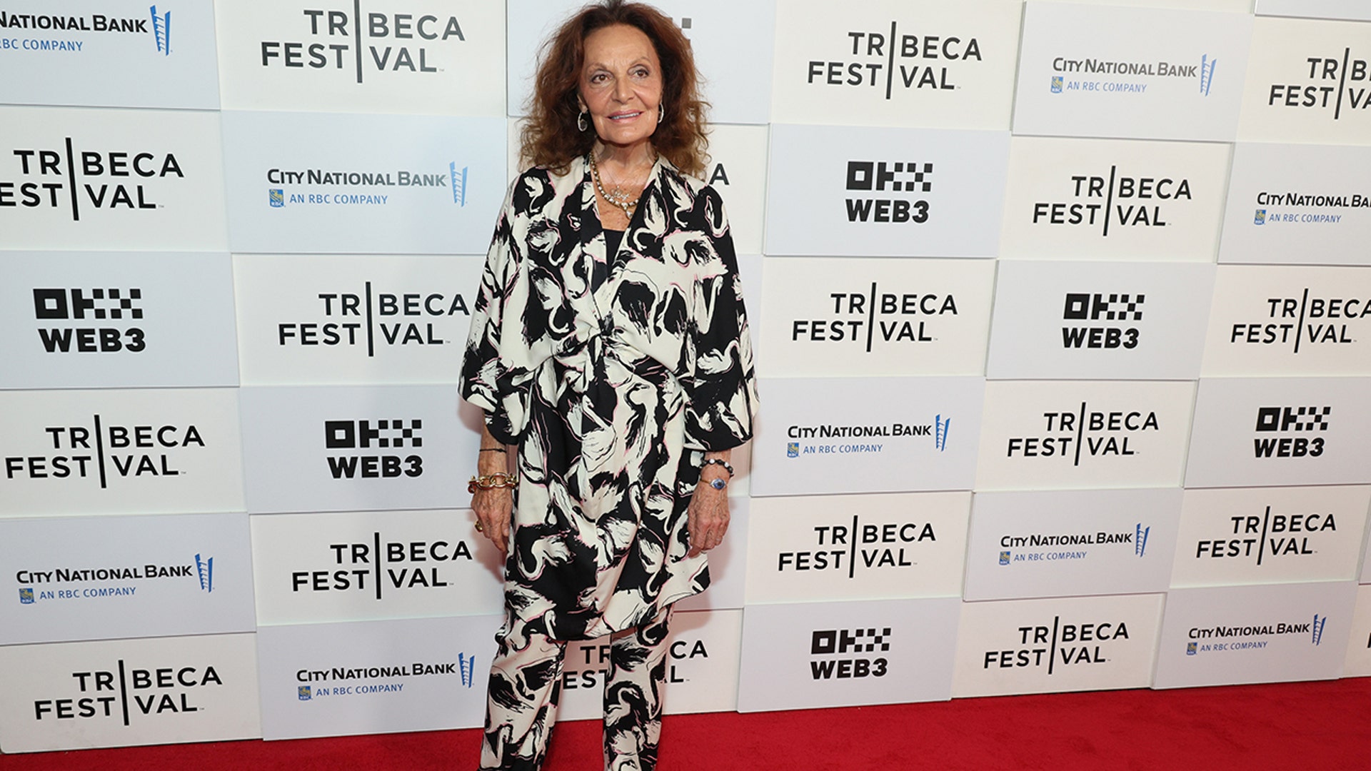 Diane Von Furstenberg walked the red carpet at the premiere of the documentary about her life, "Woman in Charge," at the Tribeca Film Festival, in a matching black and white print top and bottom.