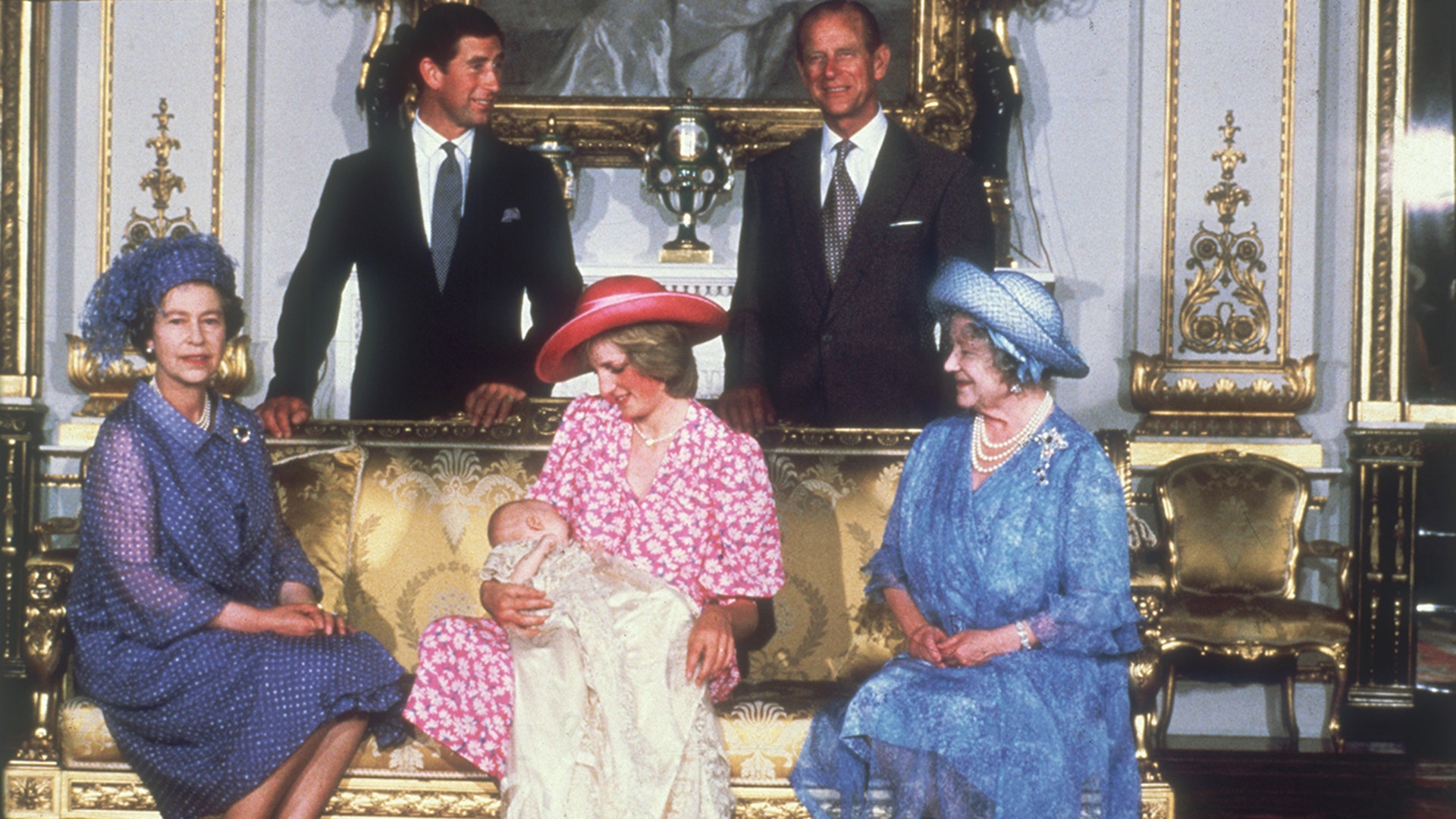 Prince William posed on his mother's lap, surrounded by The Queen, Queen Mother, Prince Phillip and his father, Prince Charles, at his christening in August 1982.