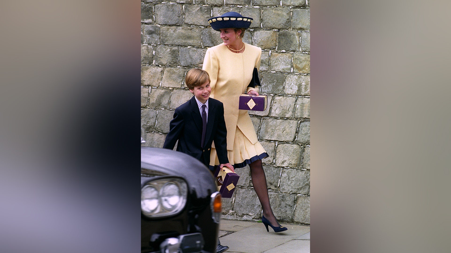 Prince William and Princess Diana leaving church after Easter service in 1992.