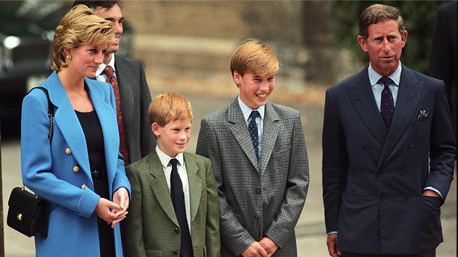Prince William poses with his family on his first day at Eaton School, in September 1995.
