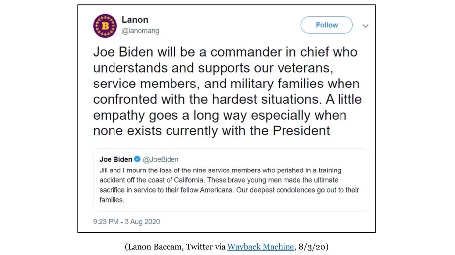 Baccam's tweet supporting Joe Biden