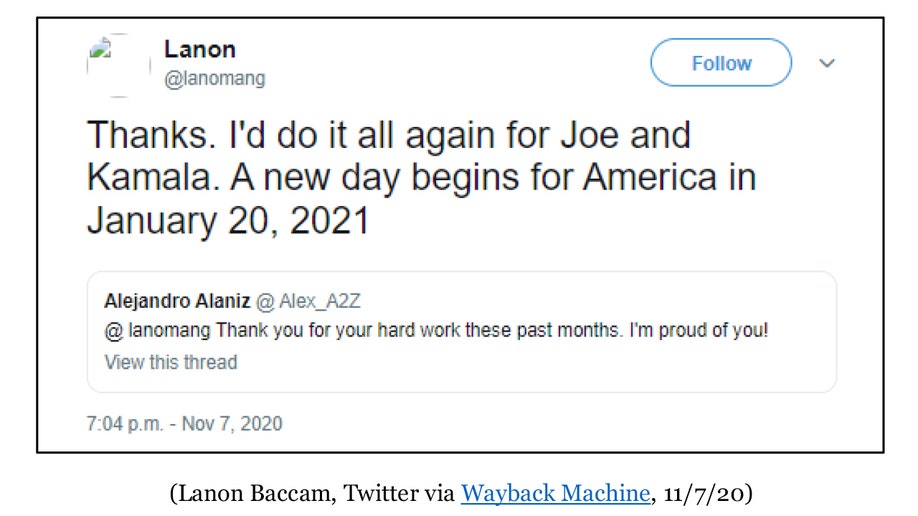 Baccam's deleted Tweets celebrating Biden’s campaign victory