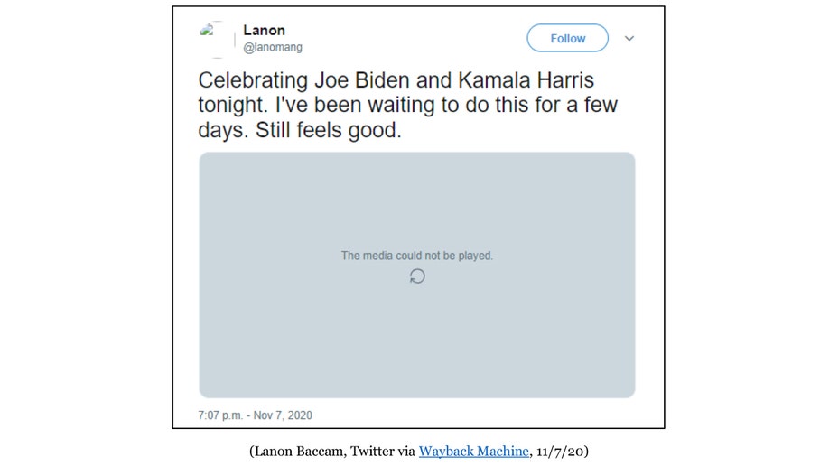 Baccam's deleted Tweet celebrating Biden’s campaign victory