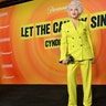 Cyndi Lauper walked the red carpet at the premiere of her documentary "Let The Canary Sing," in a matching double-breasted yellow blazer and trousers.