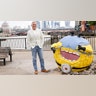 Steve Carell posed next to a minion in jeans and a white suit jacket, while at a media event for "Despicable Me 4."