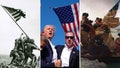 The American flag serves as a powerful symbol of triumph, struggle and defiance, captured in a handful of landmark moments in U.S. history. From left, U.S. Marines raise flag on Iwo Jima in World War II; Donald Trump reacts to surviving assassination attempt; Emanuel Leutze painting "Washington Crossing the Delaware."