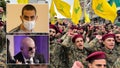 Insets of Salman Rushdie and Hadi Matar against a gather of Hezbollah militants. - Fox News