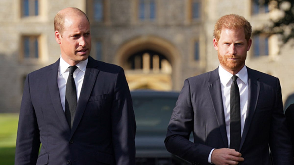 Prince William and Prince Harry walking next to each other in dark suits outside.