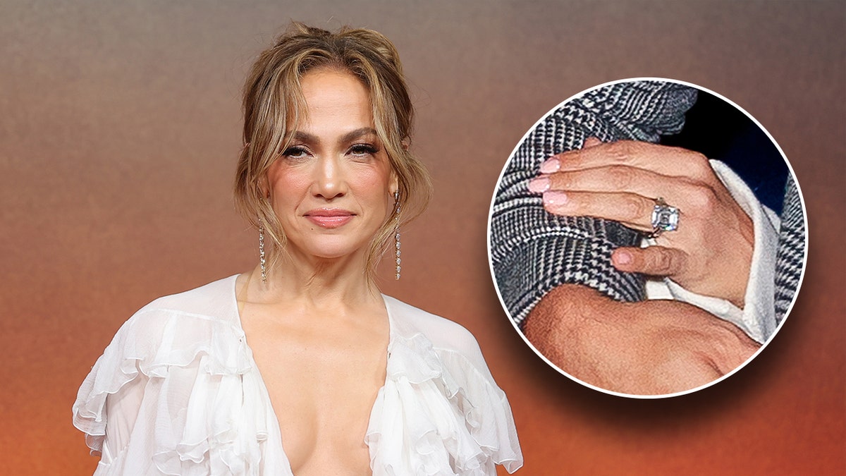 Photo of Jennifer Lopez in background of close-up photo of her wearing engagement ring