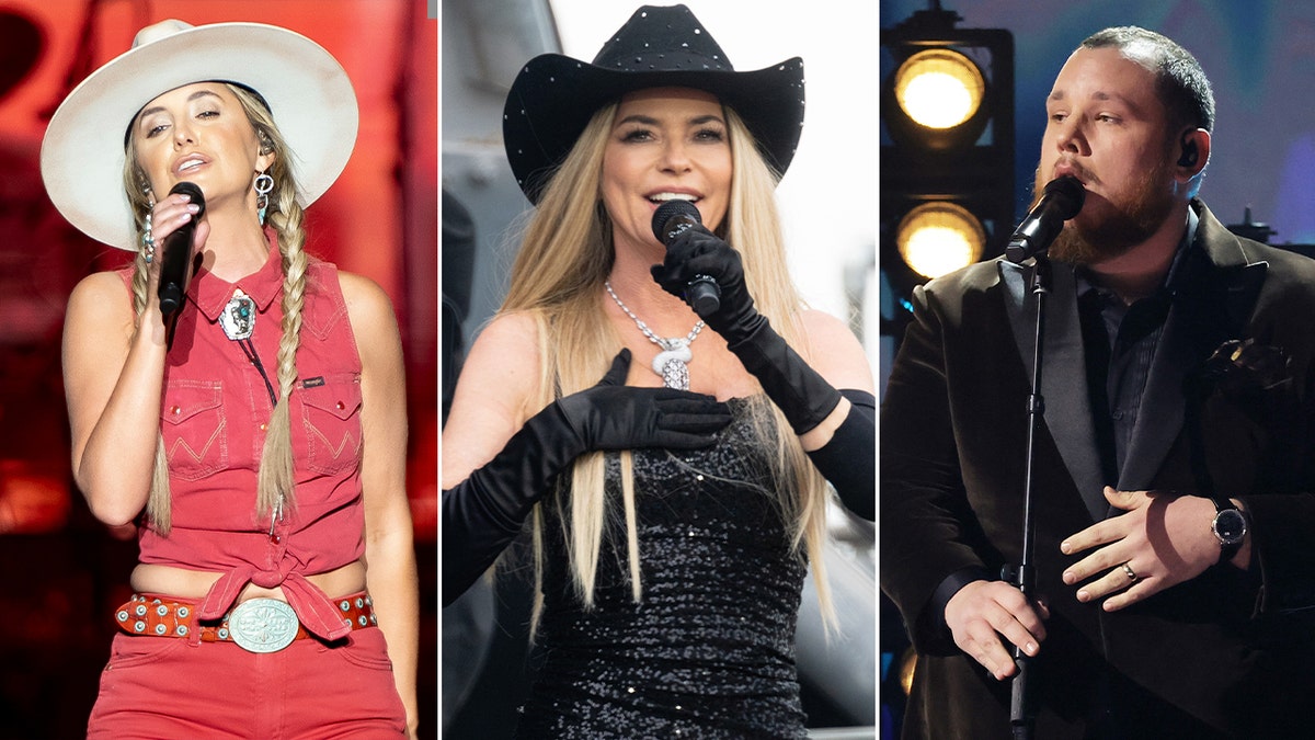 Separate photos side-by-side of Lainey Wilson, Shania Twain and Luke Combs