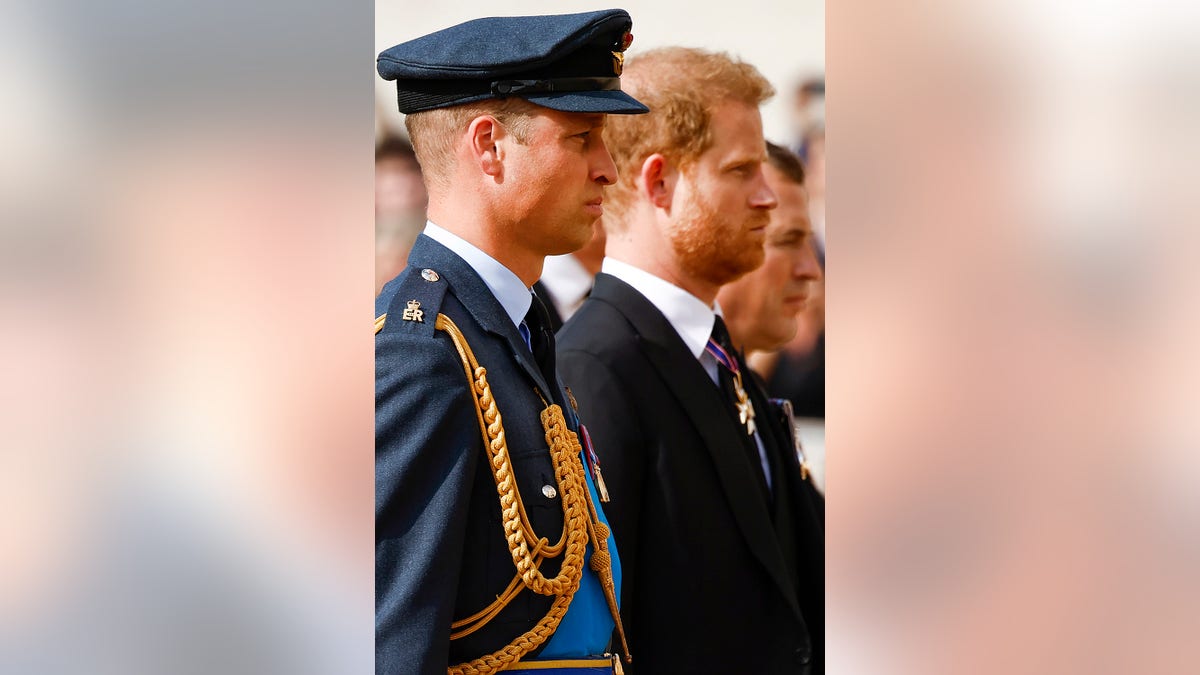 Prince William and Prince Harry marching together looking somber.