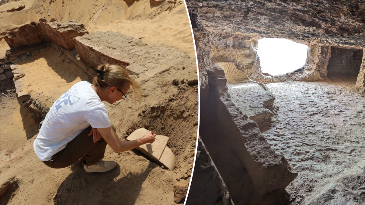 Split image of archaeologist and empty tomb