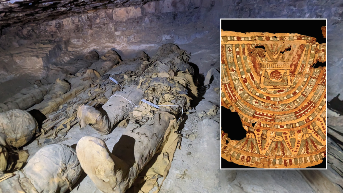 Imagem dividida de múmias e objeto funerário