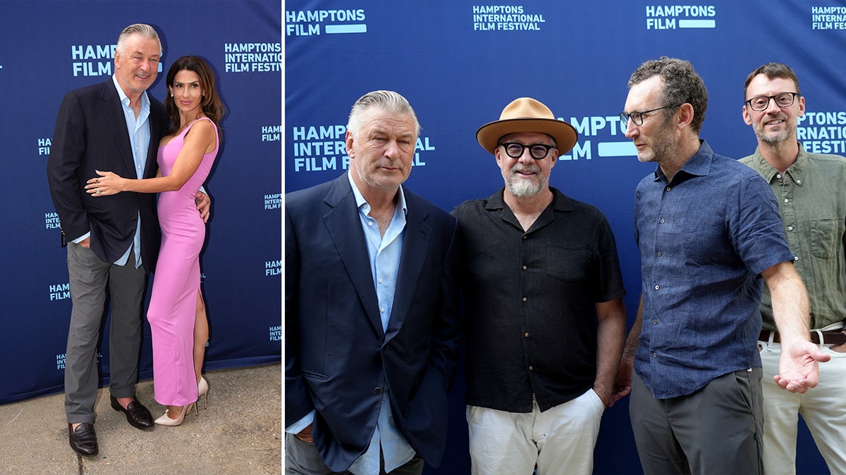 Side by side photos of Alec and Hilaria Baldwin and Alec Baldwin posing with filmmakers