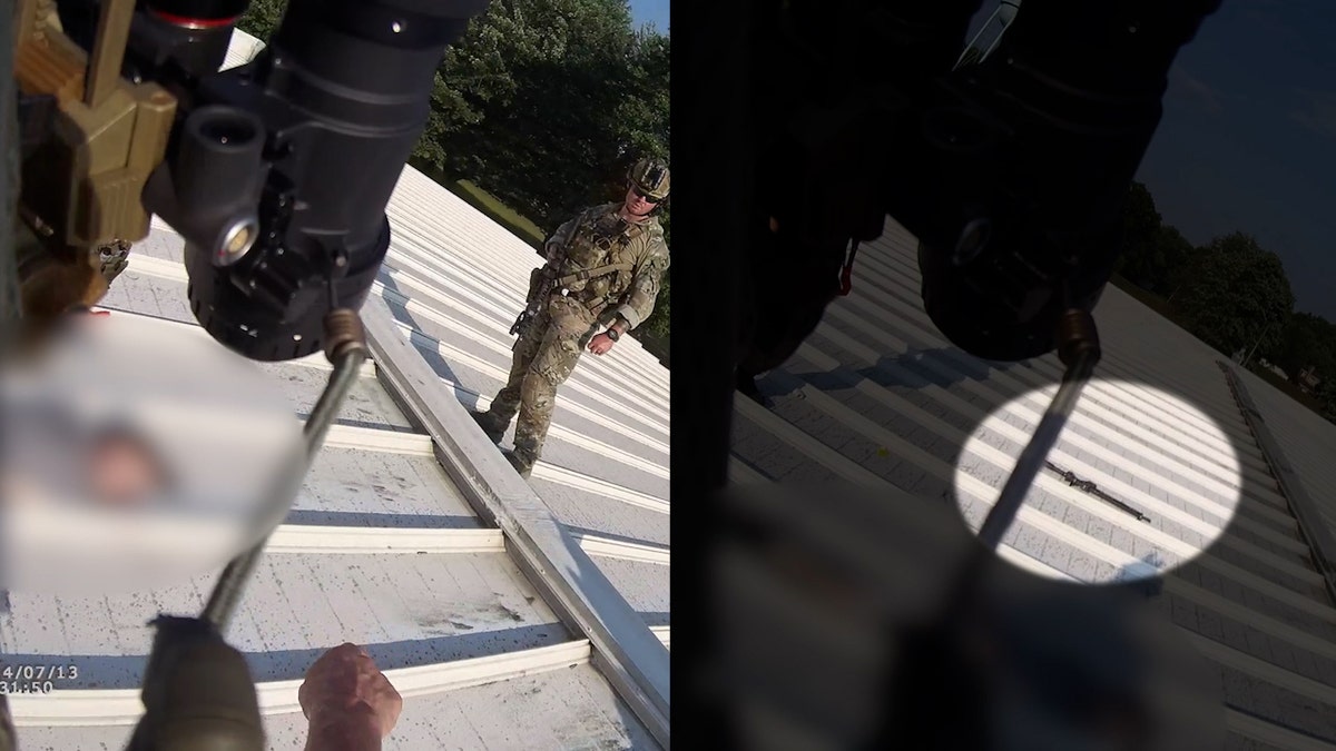 A split image of Beaver County Emergency Services Unit responders investigating the roof of the building where Thomas Crooks shot at former President Trump (left) and a spotlight on the rifle he used (right).