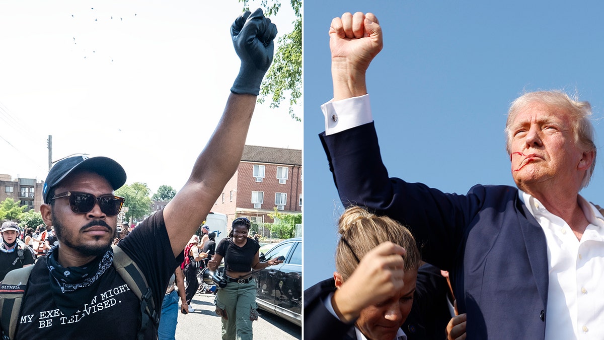 A Black man with a raised fist next to Trump raising a fist.