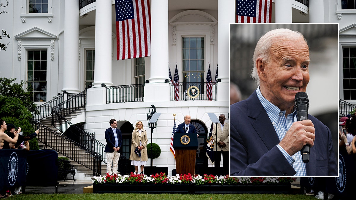 President Biden speaks at Fourth of July White House barbecue, background, Joe Biden makes a grimace into the microphone, inset