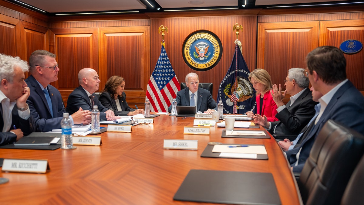 President Biden and Vice President Harris receive an updated briefing about the attempted assassination of Donald Trump in the White House Situation Room.