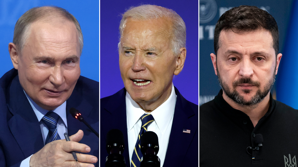 Photos of Putin, Biden, and Zelenskyy arranged side by side