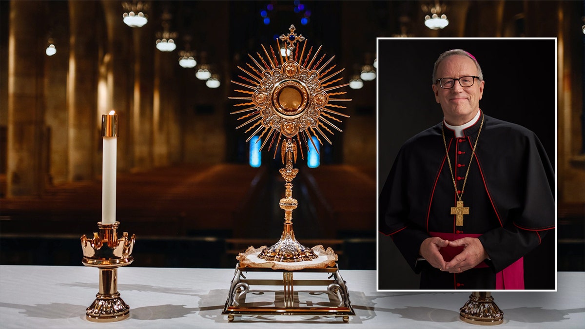 A Catholic altar with candles, background, Bishop Robert Barron, inset