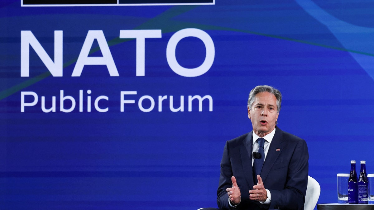 U.S. Secretary of State Antony Blinken delivers remarks at NATO Public Forum in Washington.