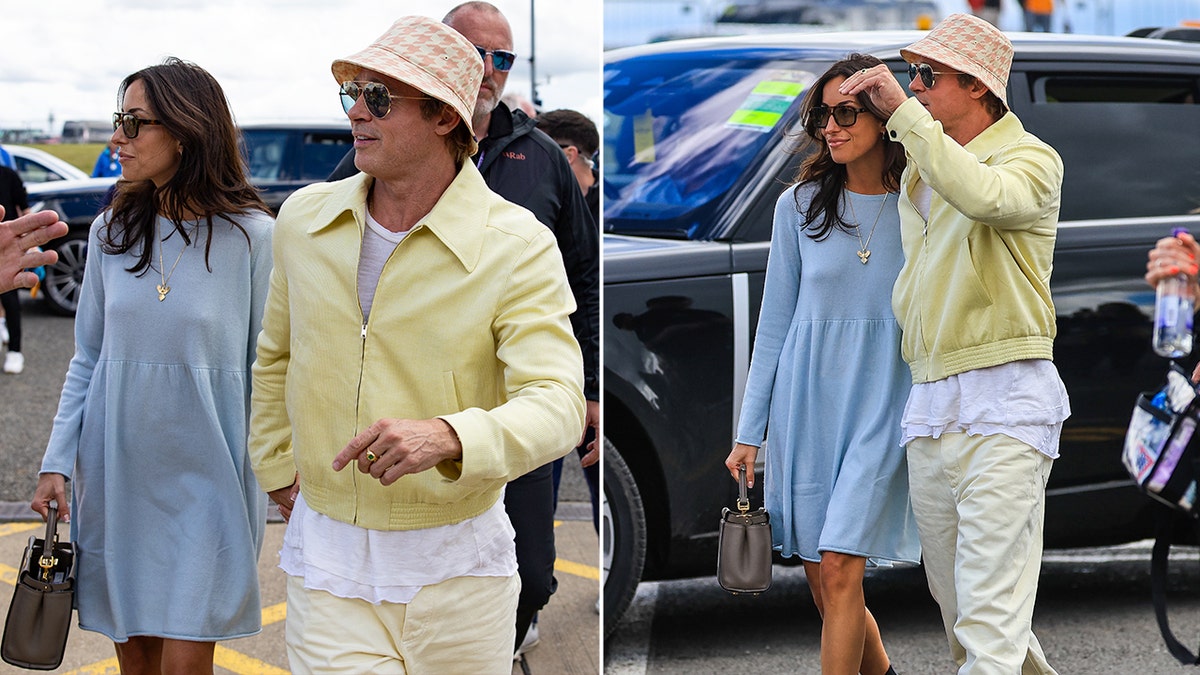 Side by side photos of Brad Pitt and Ines de Ramon walking together