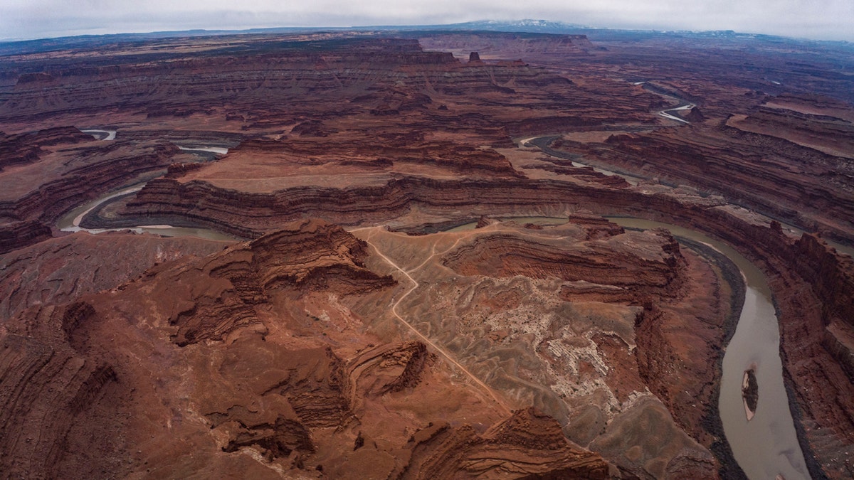 Canyonlands National Park aerial view overlooking the Green River at Island in the Sky, Utah.