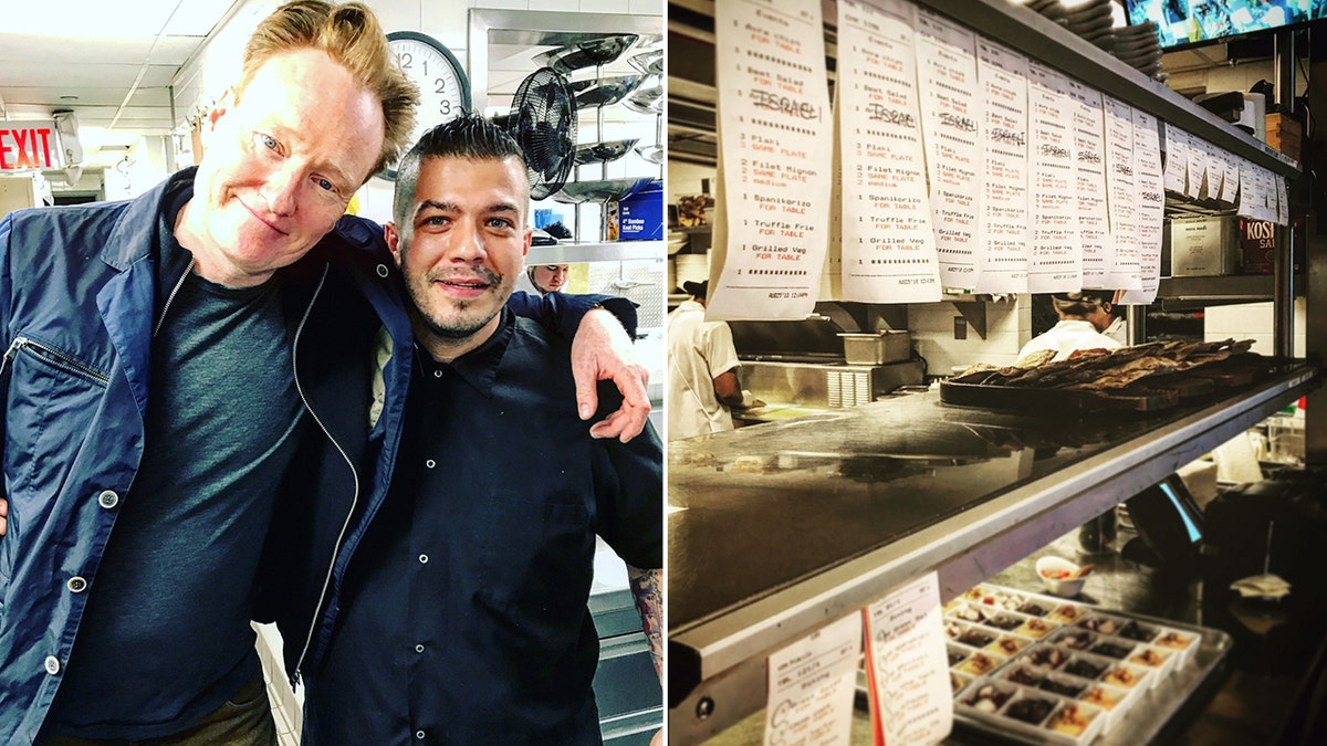 Christos Bisiotis poses for a photograph with Conan O'Brien at Avra Beverly Hills, which he helped to open in 2018.